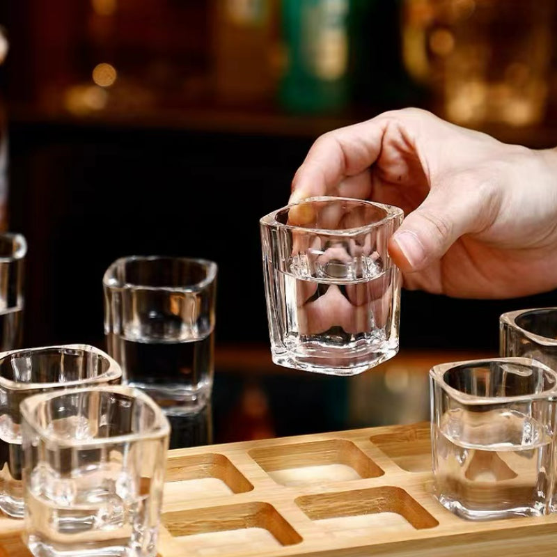 Small Whiskey Vodka Shot Glasses Cup Set Wood Holder