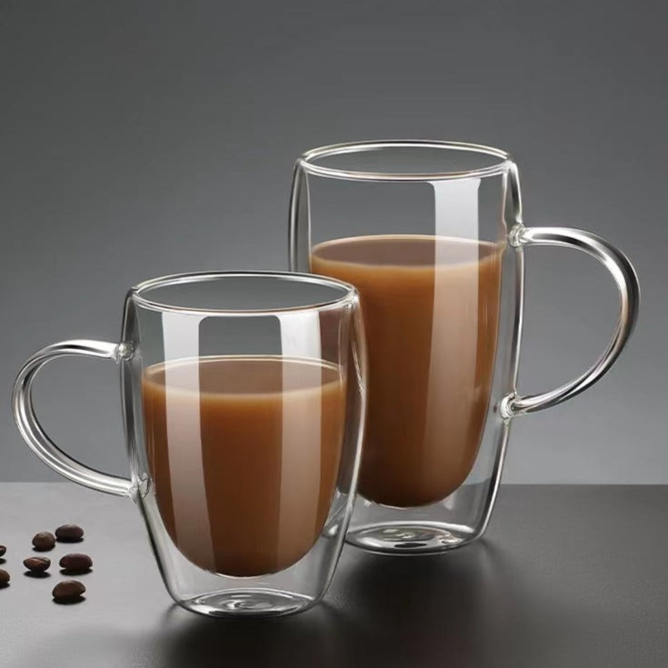 440ML Insulated Clear Tea Cups with Handle,Double Wall Glass Coffee Mugs for Espresso, Latte and Cappuccinos