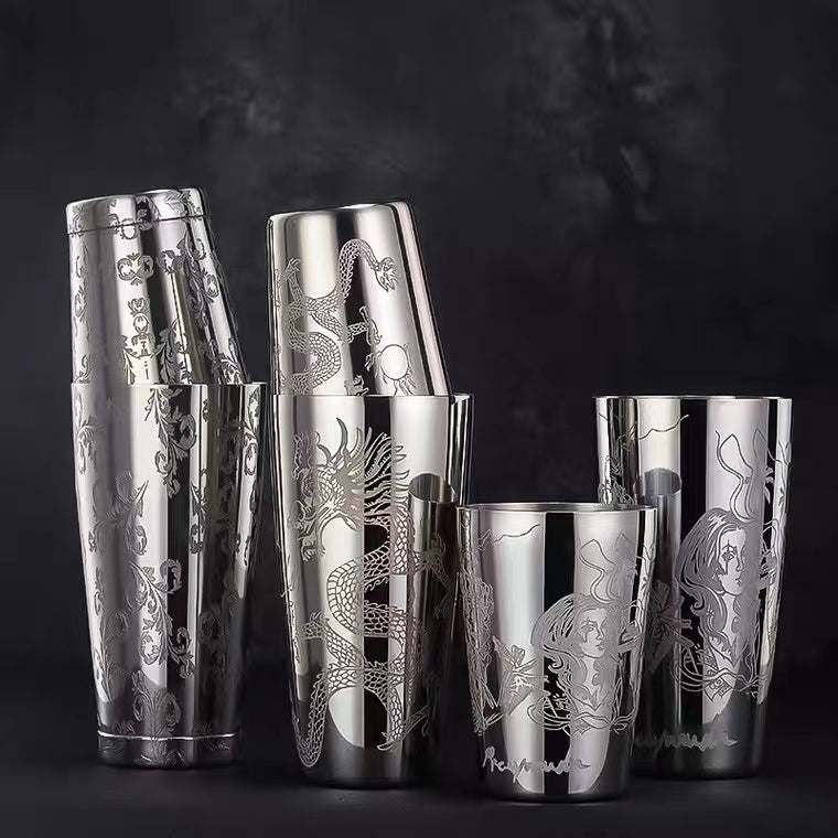 New Design 28oz/17oz Stainless Steel Weighted Boston Shaker Tins Shaker Carved with Pirate Queen for Bar