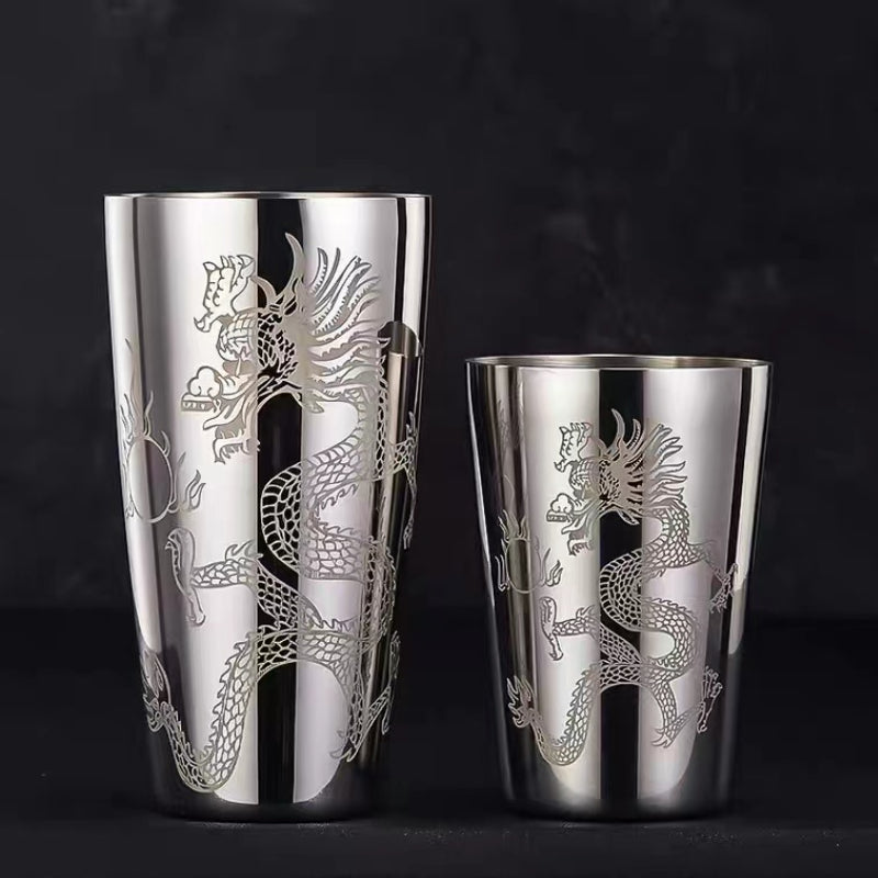 New Design 28oz/17oz Stainless Steel Weighted Boston Shaker Tins Shaker Carved with Dragon for Bar