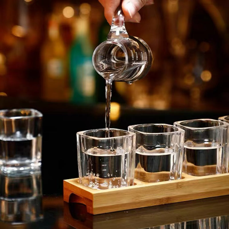 Small Whiskey Vodka Shot Glasses Cup Set Wood Holder