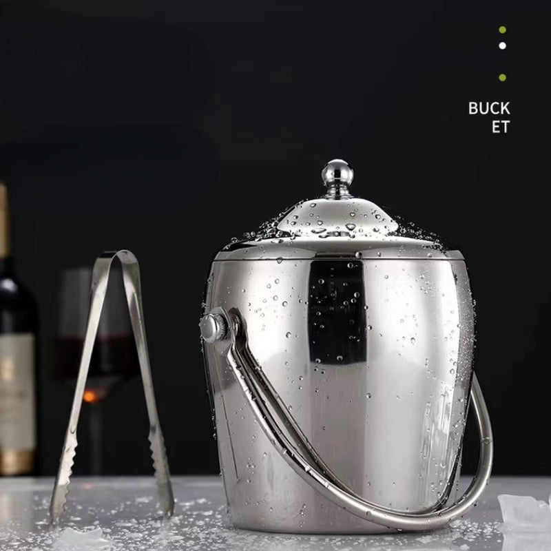 Modern 2L Double Wall Insulated Round Ice Bucket Wine Beer Champagne Cooler Bucket Portable Beer Stainless Steel Ice Bucket with Lid