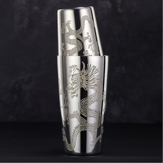 New Design 28oz/17oz Stainless Steel Weighted Boston Shaker Tins Shaker Carved with Dragon for Bar