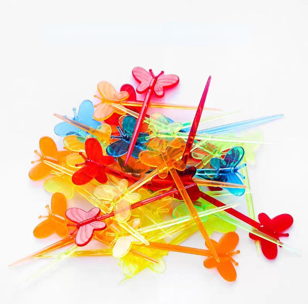 Colorful Butterfly Fruit Stick Fruit Stick Fruit Flower Arrangement Stick Cocktail Decoration Disposable Plastic Stick