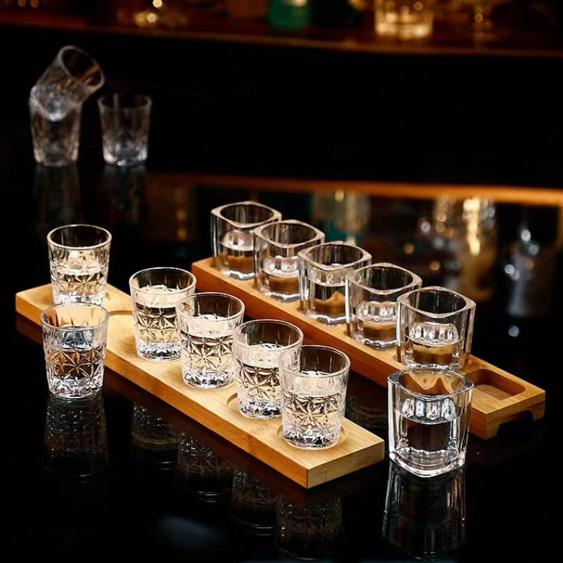 Small Whiskey Vodka Shot Glasses Cup Set Wood Holder