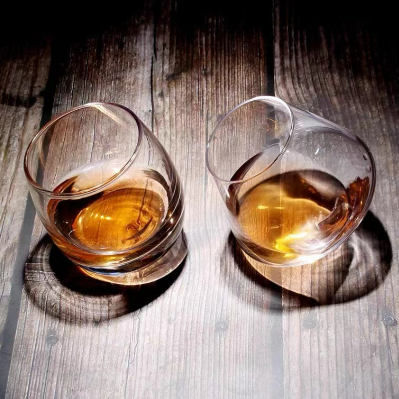 Handmade Stemless Wine Glass Rotating Whisky Glasses with Wood Base