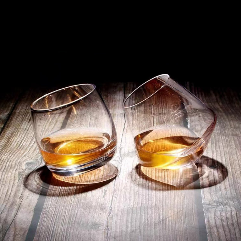 Handmade Stemless Wine Glass Rotating Whisky Glasses with Wood Base