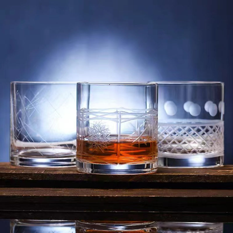 Hand Blown Etched Heavy Base Crystal Whiskey Glass 12oz