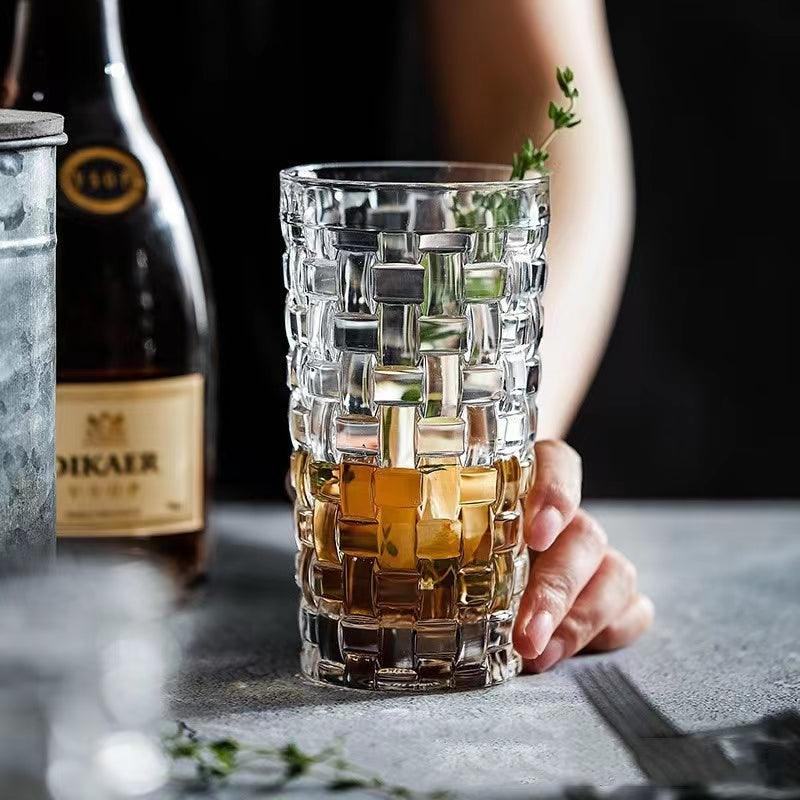 300ML-European Retro Embossed Cocktail Glass Glass Long Drink Cup Collin Cup Carved Bamboo Rattan Cup