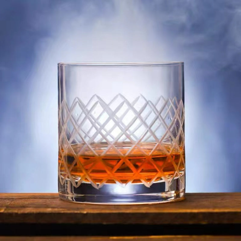 Hand Blown Etched Heavy Base Crystal Whiskey Glass 12oz