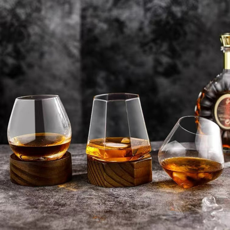 Handmade Stemless Wine Glass Rotating Whisky Glasses with Wood Base