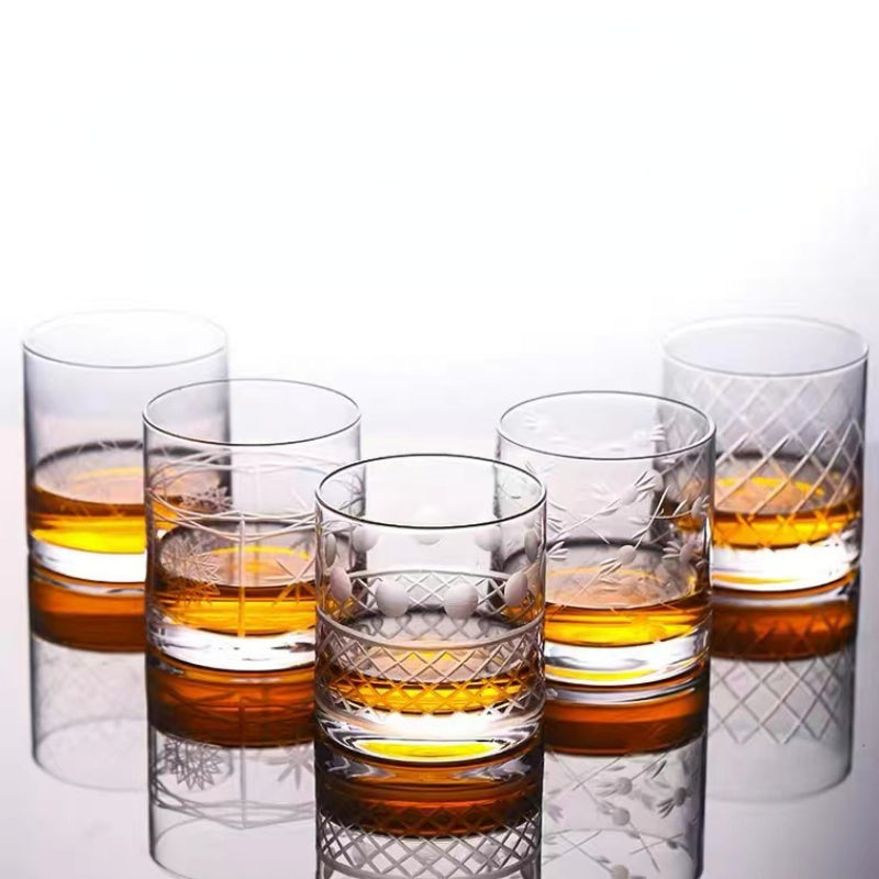 Hand Blown Etched Heavy Base Crystal Whiskey Glass 12oz
