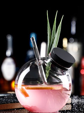 Stylish Spherical Globe Cocktail Glass with Lid,Creative Wine Glasses with Straws
