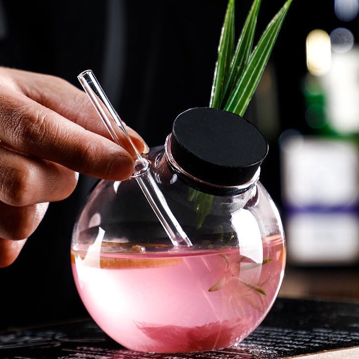 Stylish Spherical Globe Cocktail Glass with Lid,Creative Wine Glasses with Straws
