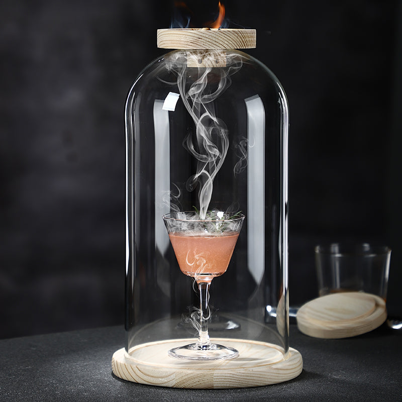 Transparent Molecular Smoky Hood Bartender Solid Wood Smoked Cocktail Scented Wood Cover Whiskey Wine Round Ice Wood Hood