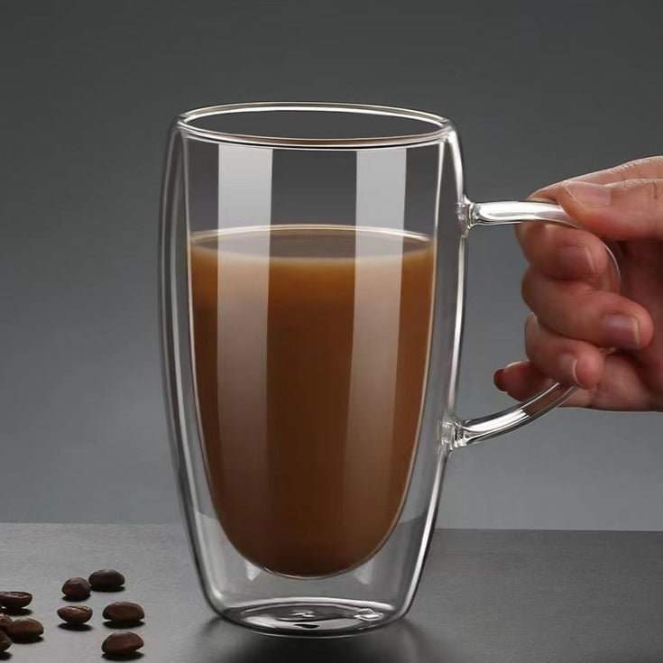 440ML Insulated Clear Tea Cups with Handle,Double Wall Glass Coffee Mugs for Espresso, Latte and Cappuccinos