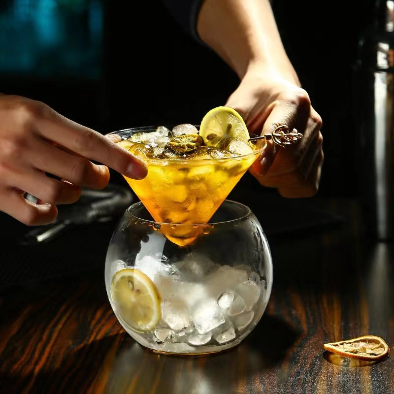 Stemless Martini Glasses with Chiller,Elegant Cocktail Glass Set with Server Bowl