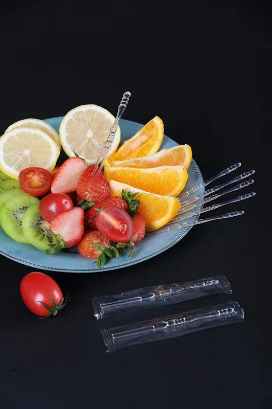 Disposable Fruit Fork Plastic Fruit Fork Transparent Independent Small Fork Bamboo Stick Commercial Household