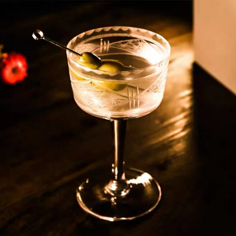 Maori Longxiong Martini Glass Bohemian Handmade Crystal Engraved Cocktail Glass Wide Mouth Margarita Glass