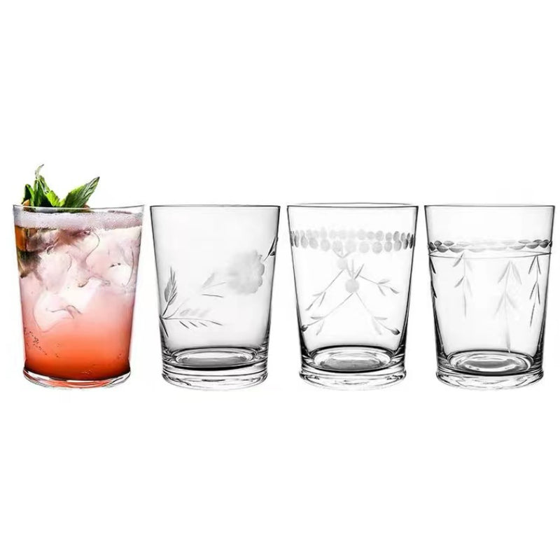 350ML-Hand Blown Etched Heavy Base Crystal Whiskey Glass
