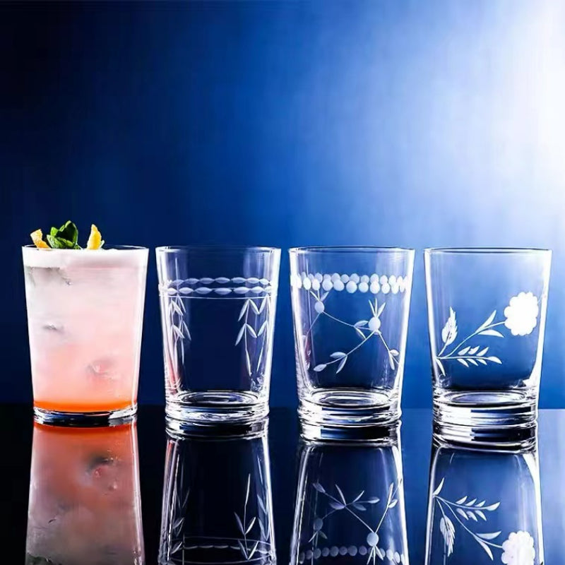 350ML-Hand Blown Etched Heavy Base Crystal Whiskey Glass