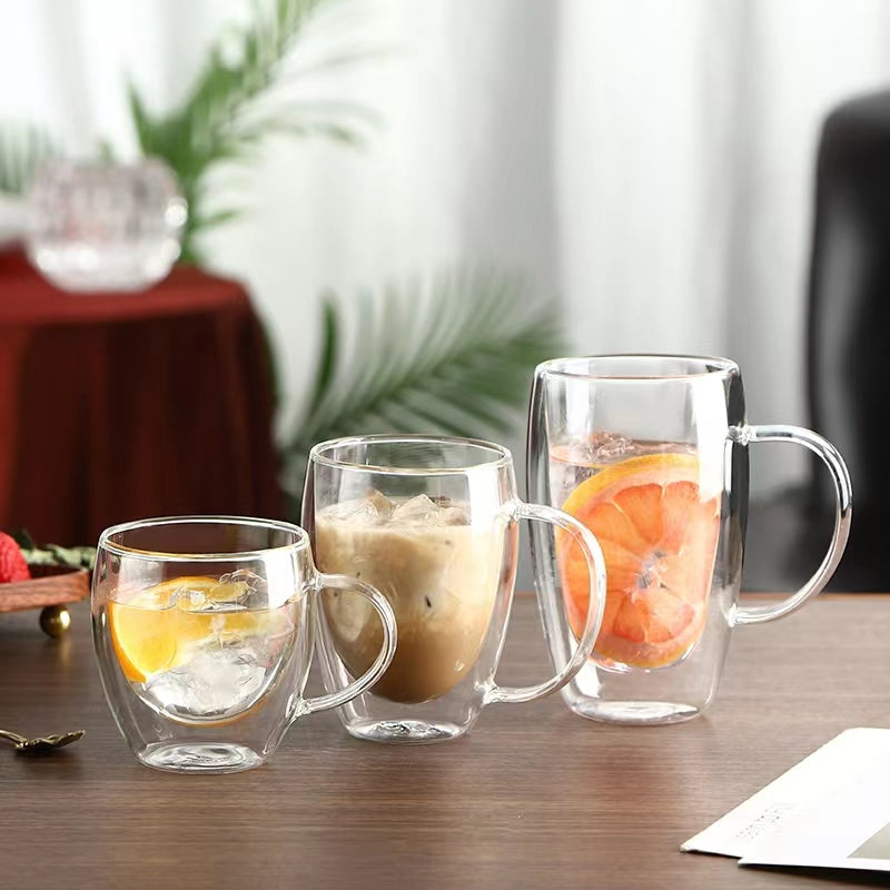 340ML Insulated Clear Tea Cups with Handle,Double Wall Glass Coffee Mugs for Espresso, Latte and Cappuccinos