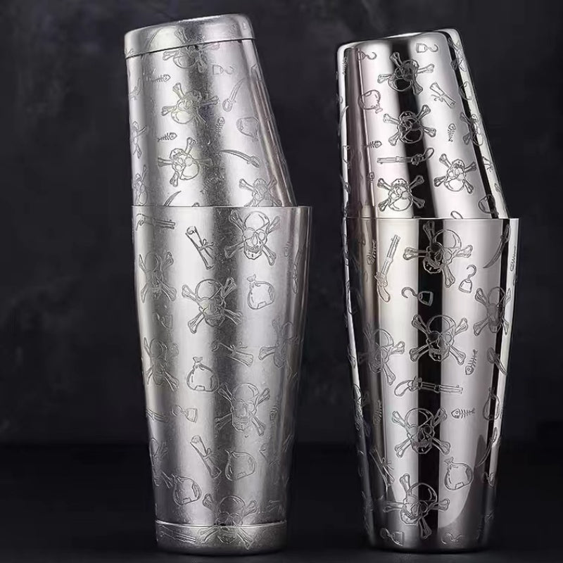 26oz and 16oz Stainless Steel Two Piece Shaker Professionally Etched Skull Boston Shaker Set for Bar