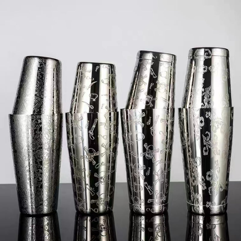 26oz and 16oz Stainless Steel Two Piece Shaker Professionally Etched Skull Boston Shaker Set for Bar