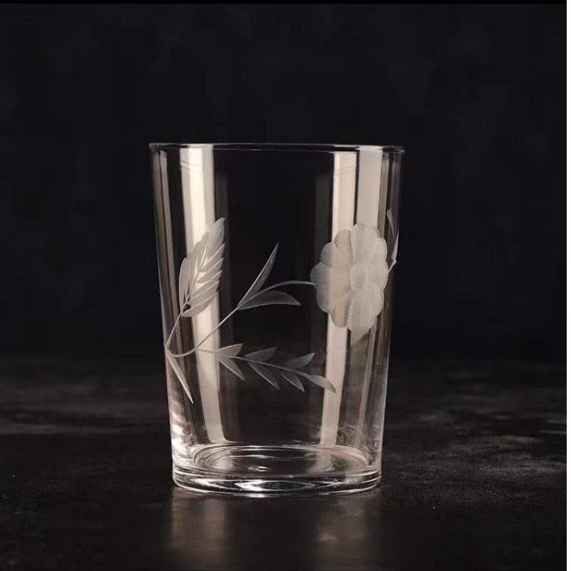 350ML-Hand Blown Etched Heavy Base Crystal Whiskey Glass
