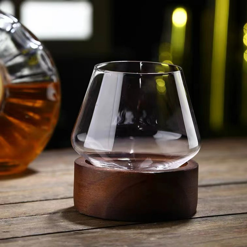 Handmade Stemless Wine Glass Rotating Whisky Glasses with Wood Base