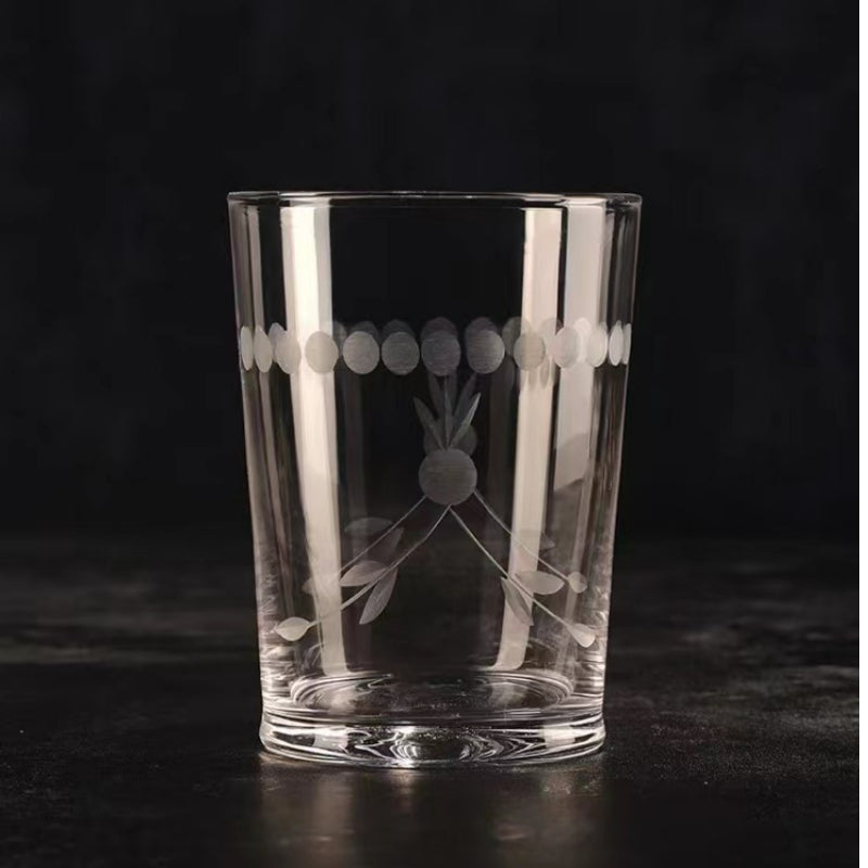 350ML-Hand Blown Etched Heavy Base Crystal Whiskey Glass