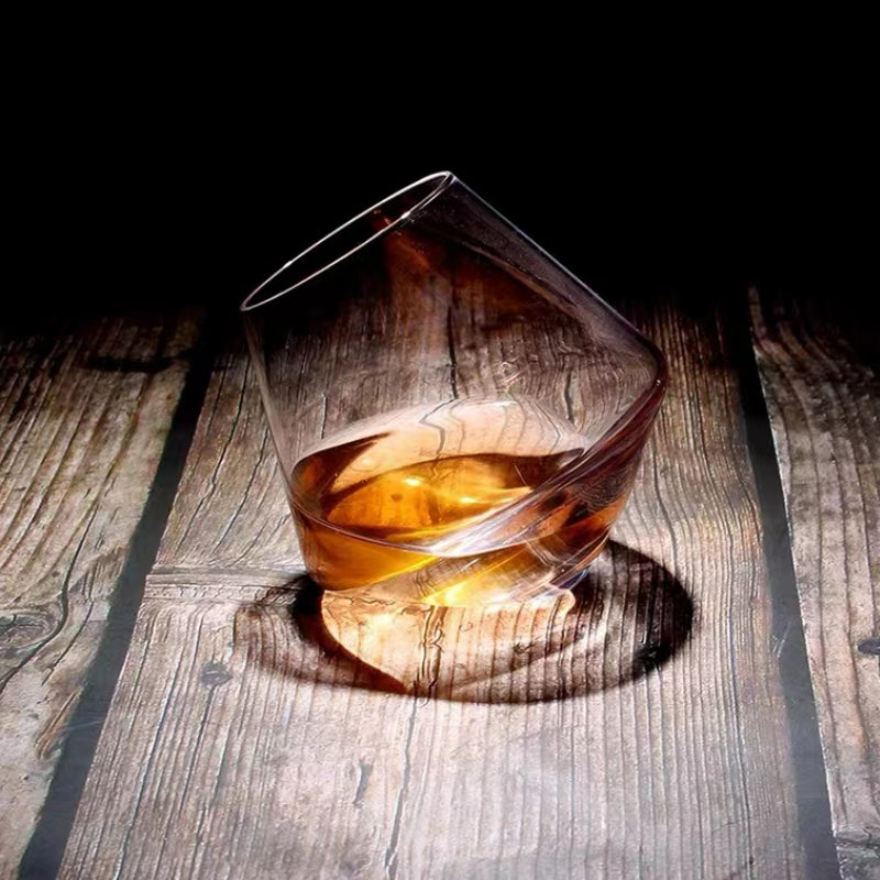 Handmade Stemless Wine Glass Rotating Whisky Glasses with Wood Base