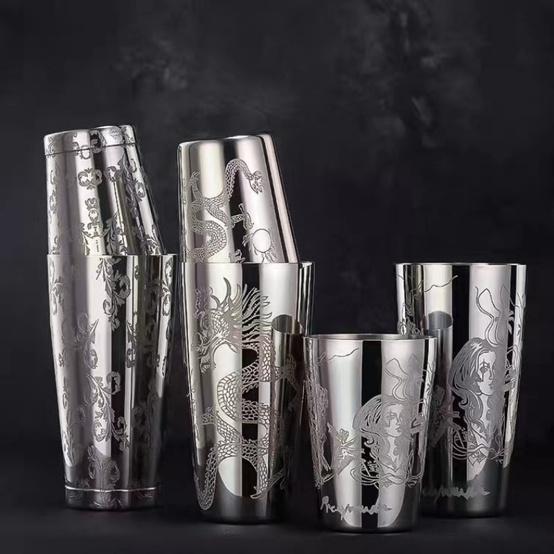 New Design 28oz/17oz Stainless Steel Weighted Boston Shaker Tins Shaker Carved with Dragon for Bar