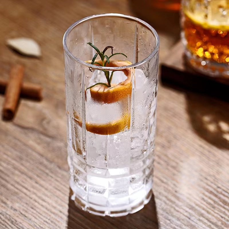 350ML-Retro Embossed Cocktail Glass Glass Long Drink Glass Collin Glass Juice Glass Checkered Sword Pattern Glass