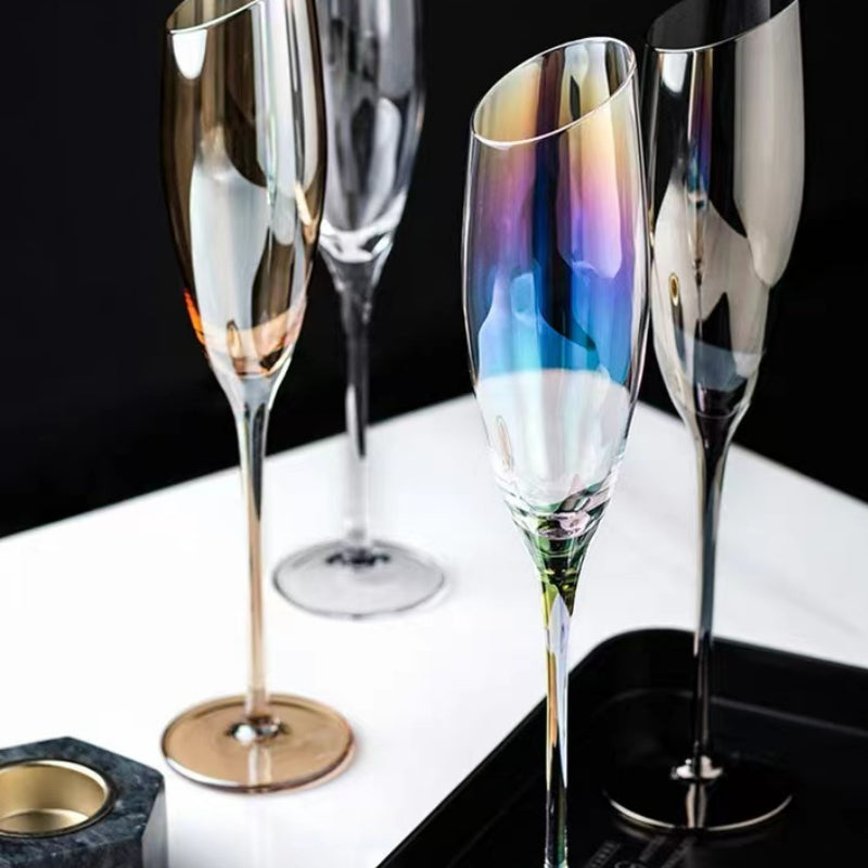 Champagne Glasses Modern Crystal Sparkling Wine Glasses Slanted Rim Rainbow Champagne Glasses
