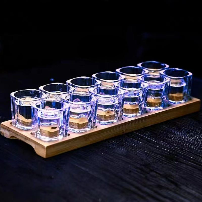 Small Whiskey Vodka Shot Glasses Cup Set Wood Holder