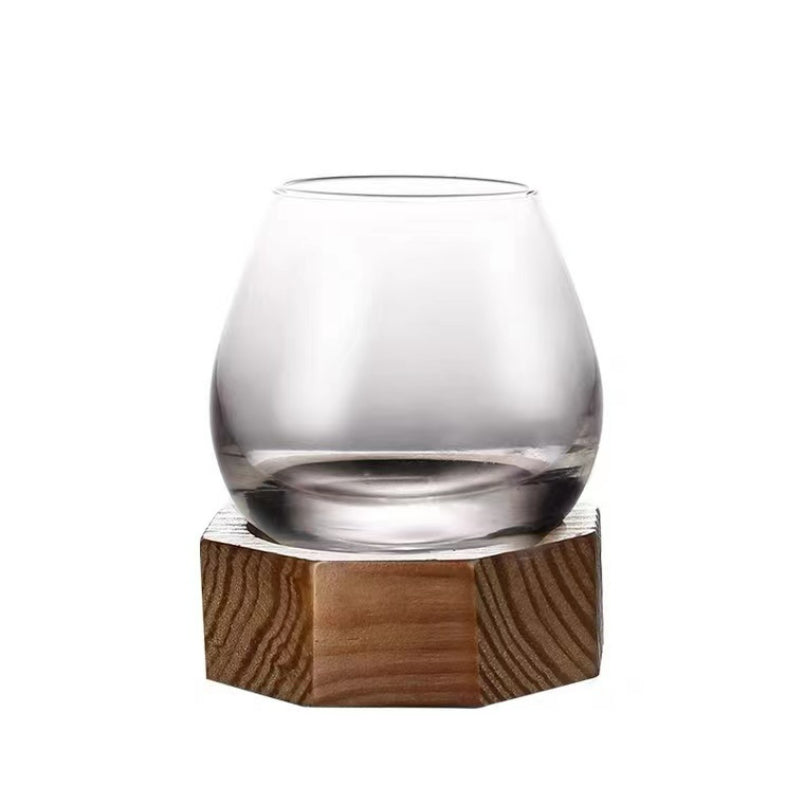Handmade Stemless Wine Glass Rotating Whisky Glasses with Wood Base