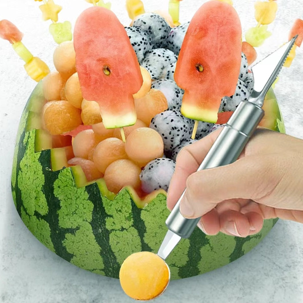 Double-Headed Stainless Steel Ball Digger Pattern Segmentation Carving Knife Watermelon Spoon Cutting Fruit Carving Artifact Digging Fruit Round Spoon