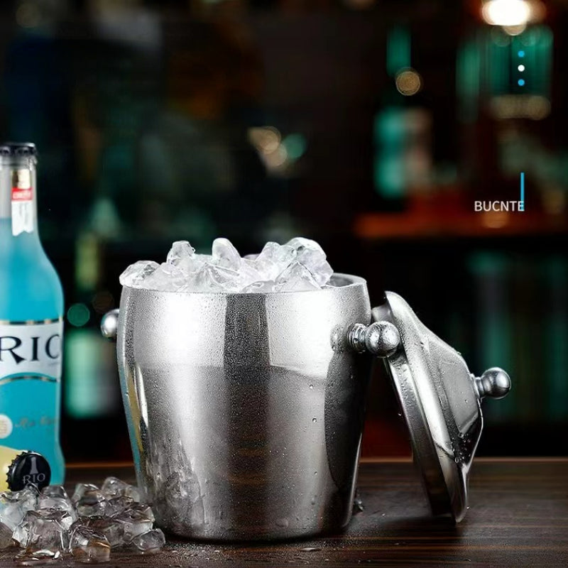 Modern 2L Double Wall Insulated Round Ice Bucket Wine Beer Champagne Cooler Bucket Portable Beer Stainless Steel Ice Bucket with Lid