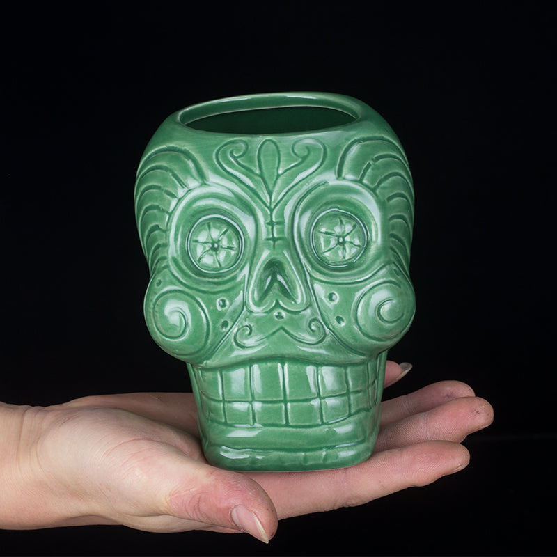 Tiki  Drinkware-Cocktail  Tiki Mugs-Green Skull Ceramic Hawaiian Party Mug