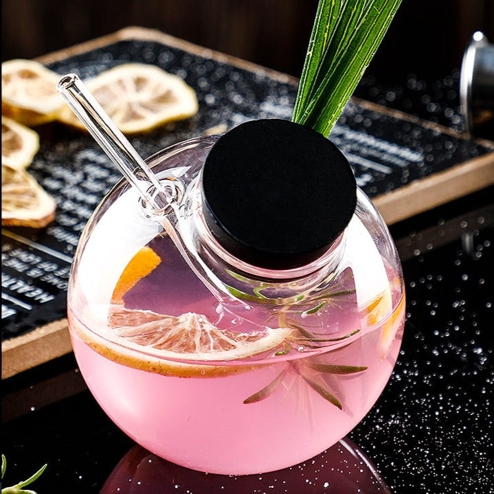 Stylish Spherical Globe Cocktail Glass with Lid,Creative Wine Glasses with Straws